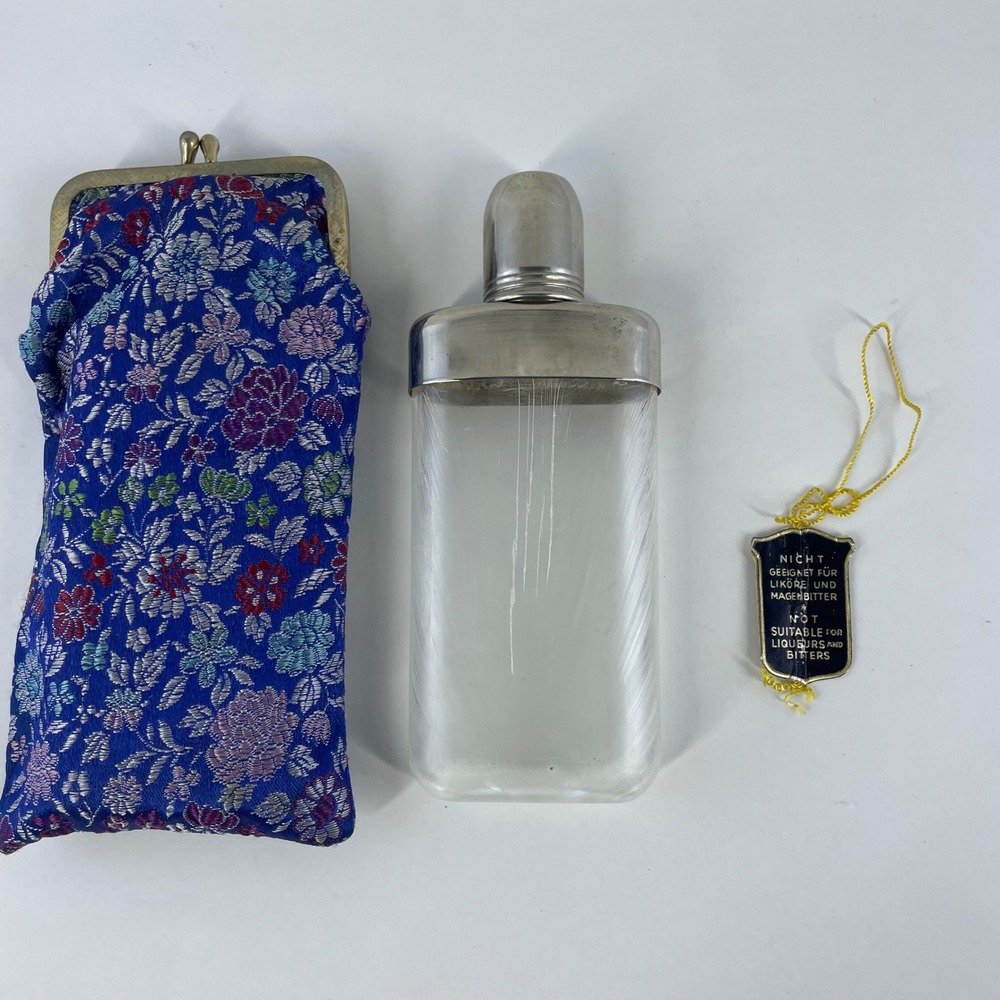 Vintage German Glass‎ Hip Flask Silver Top with Blue Floral Brocade Pouch Case